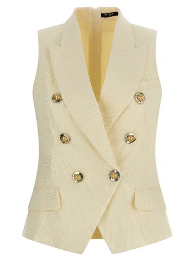 Balmain Jacquard Vest With Flap Pockets And Gold-tone Buttons In White