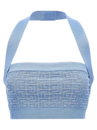 Balmain Knit Halterneck Top With Pb Labyrinth Monogram In Blue