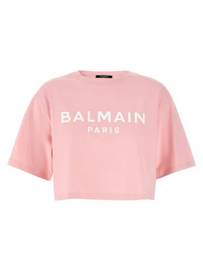 Balmain Cropped Logo Screen Print Tee In Pink