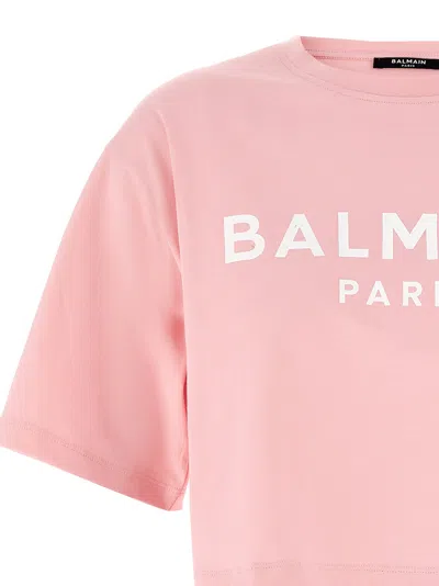Balmain Cropped Logo Screen Print Tee In Pink
