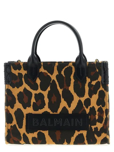 Balmain B-army Small Shopper Shoulder Bag In Leopard-print Canvas In Brown