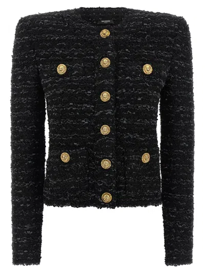 Balmain Buttoned Tweed Jacket In Black