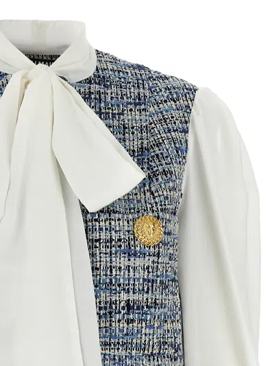 Balmain Tweed Shirt With Bow Detail And Gold Buttons In White