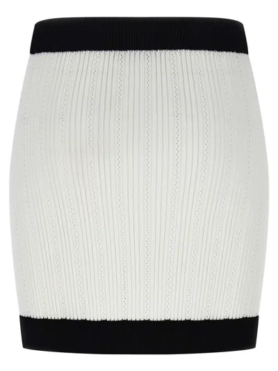 Balmain Button-embellished Two-tone Ribbed-knit Mini Skirt In White