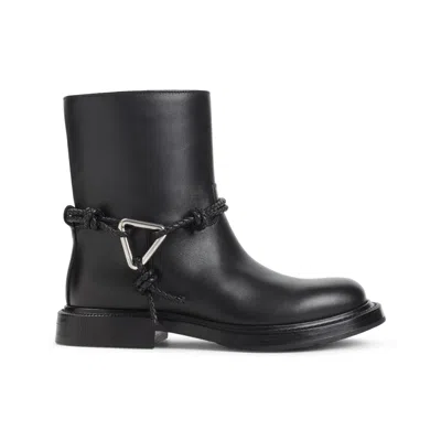 Bottega Veneta Women Black Ankle Boots With Metallic Detail On The Side And Applied Laces In Leather In Animal Print