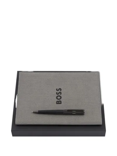 Hugo Boss Embossed-logo Notebook And Pen Set In Gray