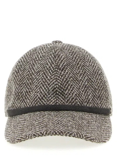 Brunello Cucinelli Bead-embellished Herringbone Wool-blend Tweed Cap In Gray