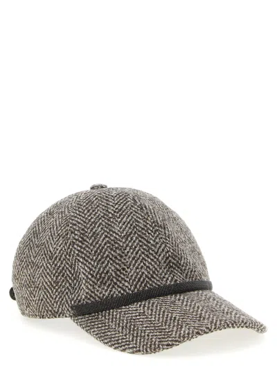 Brunello Cucinelli Bead-embellished Herringbone Wool-blend Tweed Cap In Gray