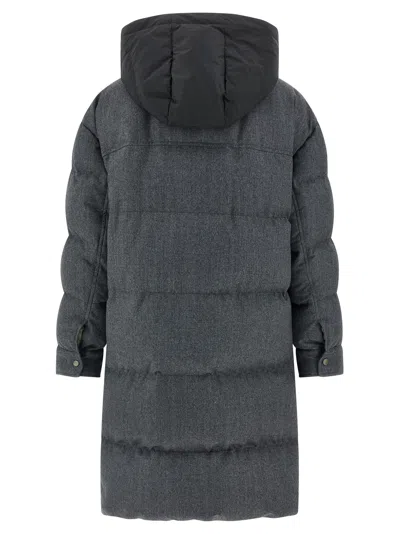 Brunello Cucinelli Shiny Zipper Pull Long Down Jacket In Gray