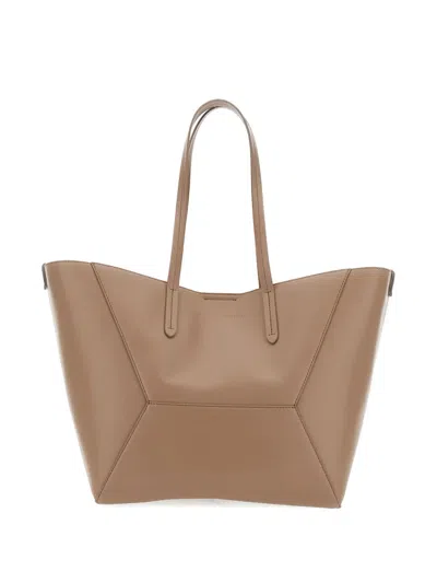 Brunello Cucinelli Beige Tote Bag With Logo Lettering On The Front And Geometric Panels Design In Leather Woman In Brown