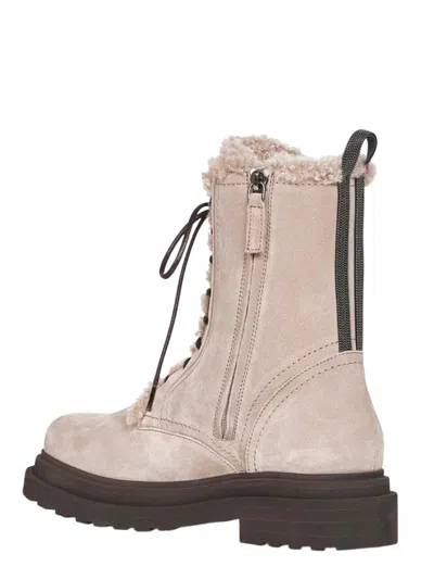 Brunello Cucinelli Women Gray Suede Boots With Shiny Loop Detail In Neutral