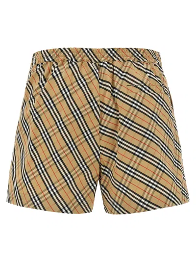 Burberry Women Beige Shorts With Elastic Drawstring Waist And All-over Check Motif In Cotton Woman In Multi