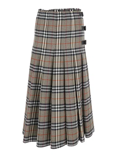 Burberry Women Beige Midi Skirt With Side Buckle Closure And All-over Check Motif In Wool Woman In Brown