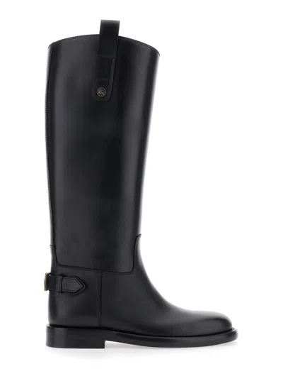 Burberry Women Black Boots With Side Logo Plaque In Leather Woman In Multi