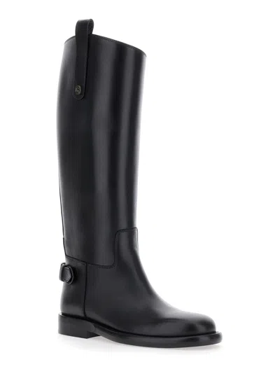 Burberry Women Black Boots With Side Logo Plaque In Leather Woman In Multi