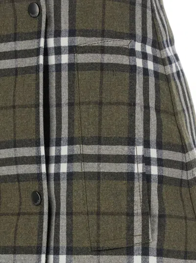 Burberry Women Green Skirt With All-over Check Motif And Side Pockets In Virgin Wool Woman In Multi