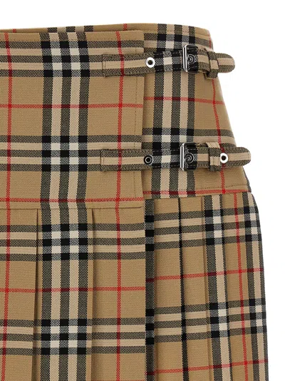 Burberry Pleated High Waist Check Pattern Kilt Skirt With Buckle In Brown