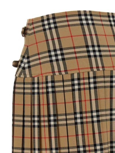 Burberry Pleated High Waist Check Pattern Kilt Skirt With Buckle In Brown