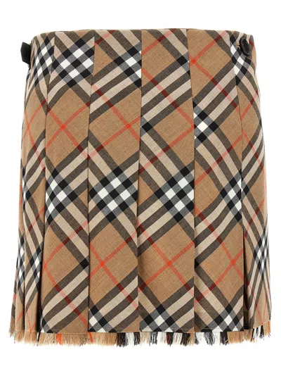 Burberry Check Pattern Fringe Pleated Skirt In Brown