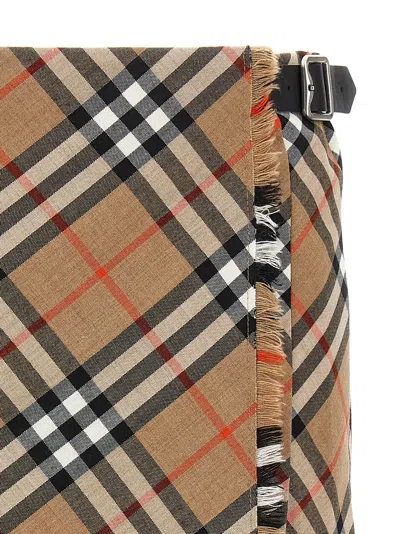 Burberry Check Pattern Fringe Pleated Skirt In Brown