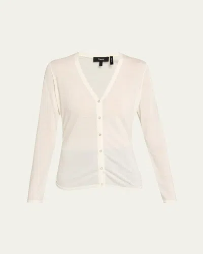 Theory Shirred Fine Wool Cardigan In White