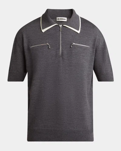 Jil Sander Men's Contrast-collar Wool Quarter-zip Polo Shirt In Black