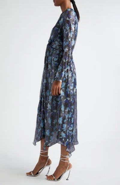 Ramy Brook Tatia Plunge Neck Asymmetric Hem Metallic Silk Dress In Blue