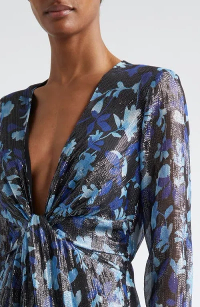 Ramy Brook Tatia Plunge Neck Asymmetric Hem Metallic Silk Dress In Blue