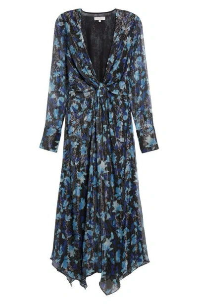 Ramy Brook Tatia Plunge Neck Asymmetric Hem Metallic Silk Dress In Blue