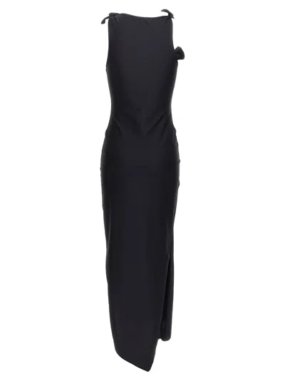 Coperni Long Black Asymmetric Dress With Roses Applications In Stretch Polyamide Woman In Black
