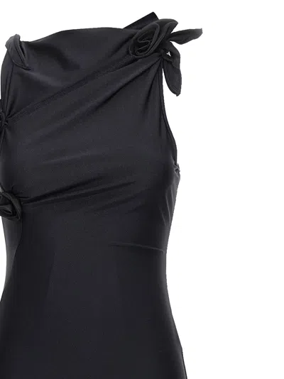 Coperni Long Black Asymmetric Dress With Roses Applications In Stretch Polyamide Woman In Black