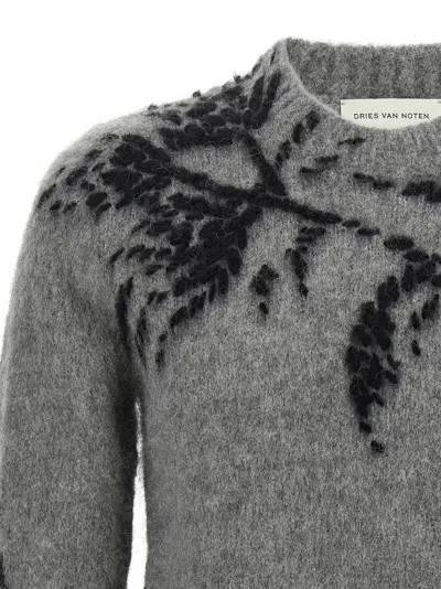 Dries Van Noten Mouche Embroidered Wool Sweater In Gray