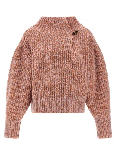 Dries Van Noten Chunky Knit High Neck Sweater With Brooch In Orange