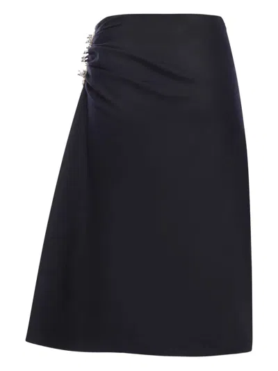 Dries Van Noten Navy Blue Draped Skirt With Brooch In Animal Print