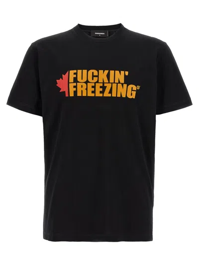 Dsquared2 Black Crewneck T-shirt With Print On The Front And Logo Lettering On The Rear In Animal Print