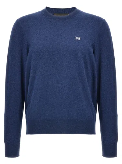 Dsquared2 Ribbed Crewneck Sweater With Cuffs And Hem In Blue