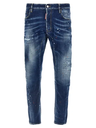 Dsquared2 Tidy Biker Blue Jeans With Paint Embellishments And Logo Patch On The Rear In Denim Man In Animal Print
