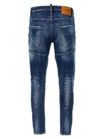 Dsquared2 Tidy Biker Blue Jeans With Paint Embellishments And Logo Patch On The Rear In Denim Man In Animal Print