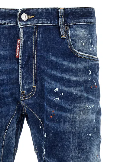 Dsquared2 Tidy Biker Blue Jeans With Paint Embellishments And Logo Patch On The Rear In Denim Man In Animal Print