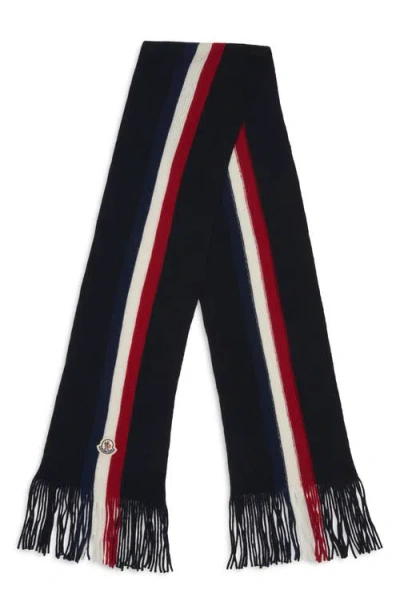 Moncler Logo Patch Stripe Virgin Wool Fringe Scarf In Multi