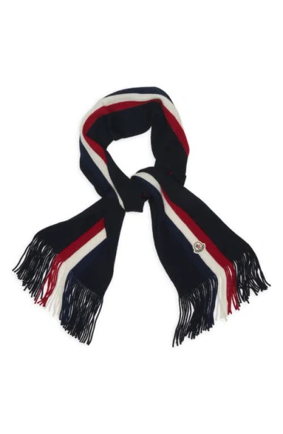 Moncler Logo Patch Stripe Virgin Wool Fringe Scarf In Multi