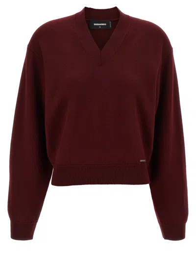 Dsquared2 Short V-neck Sweater Long Sleeves In Red