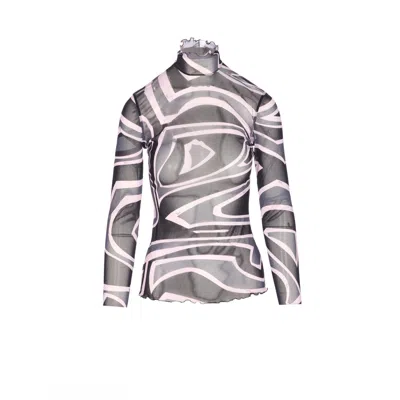 Pucci Semi Sheer Printed Long-sleeved High-neck Top In Blue