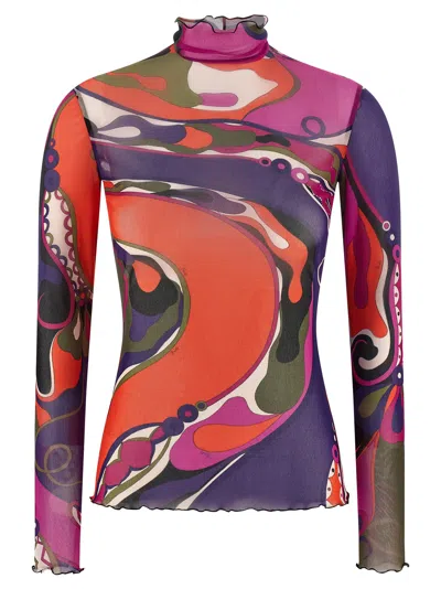 Pucci Abstract-print Turtleneck Sheer Top Clothing In Multi
