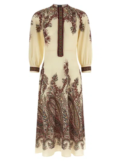 Etro Sable Midi Dress With Floral Paisley Print In Nude