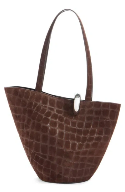 Jacquemus Le Bambola Moyen Croc Embossed Suede Bucket Bag In Brown