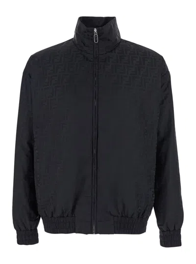 Fendi Men Black Jacket With High Neck And All-over Ff Motif In Tech Fabric Man In Black