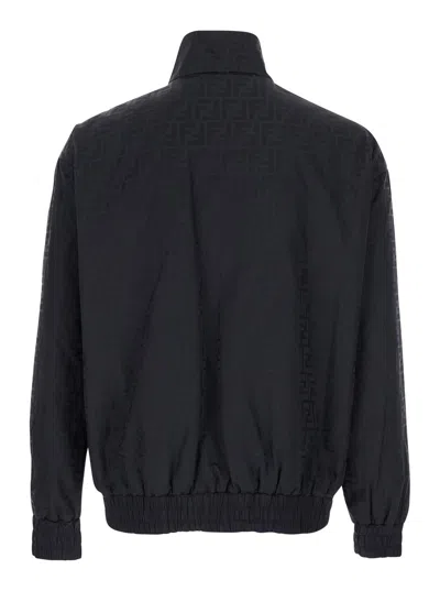 Fendi Men Black Jacket With High Neck And All-over Ff Motif In Tech Fabric Man In Black