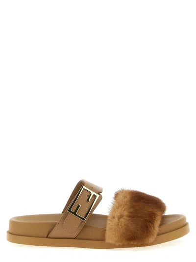 Fendi Luxe Fur Strap Buckle Slides In Brown