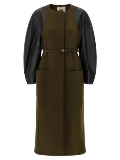 Fendi Green Wool Midi Coat With Leather Sleeves In Multi